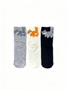 3 Pairs Random Cute Cat, Egg And Bell Pattern Fun Socks, Suitable For Autumn/Winter, Christmas, Back To School, Perfect As Gifts, Unisex Mid-Calf Socks - Multicolor - View 7
