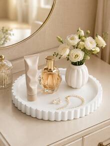 1 pieza Bandeja de tocador redonda con borde ondulado color crema blanco, caja de almacenamiento elegante para joyas, fragancias y velas, decoración moderna para escritorio del hogar, encimera de baño y exhibición de fragancias del hogar, organizador de cajones, decoración de habitación, almacenamiento de joyas, estante de joyas, regalo - Multicolor - Ver 4