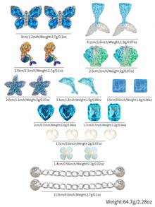 16pcs Ocean Mermaid Blue Diamond Hollow Shoe Charms, Butterfly Dolphin Shell Chain DIY Shoe Buckle Accessory Set - Blue - View 1