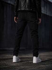 Ins Motorcycle Blogger Style Distressed Black Ripped Raw Hem Cargo Jeans With Multiple 3D Pockets Deconstructed Design Slim Fit Flattering Riding Denim Pants For Men - Black - View 2