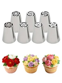7Pcs Russian Flower Piping Tips Set, Stainless Steel Icing Nozzles, Large Flower Frosting Tips For Cupcake, Cake Decorating DIY Baking Tools - View 1