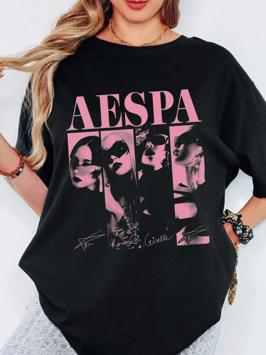 Aespa Pink Halftone Member Portrait Signature T Shirt Retro Vintage Graphic Street T Shirt - 黑色 - 查看 1