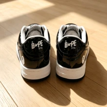 A BATHING APE BAPE STA Men's Black & White Patent Leather Sneakers - Black and White - View 2