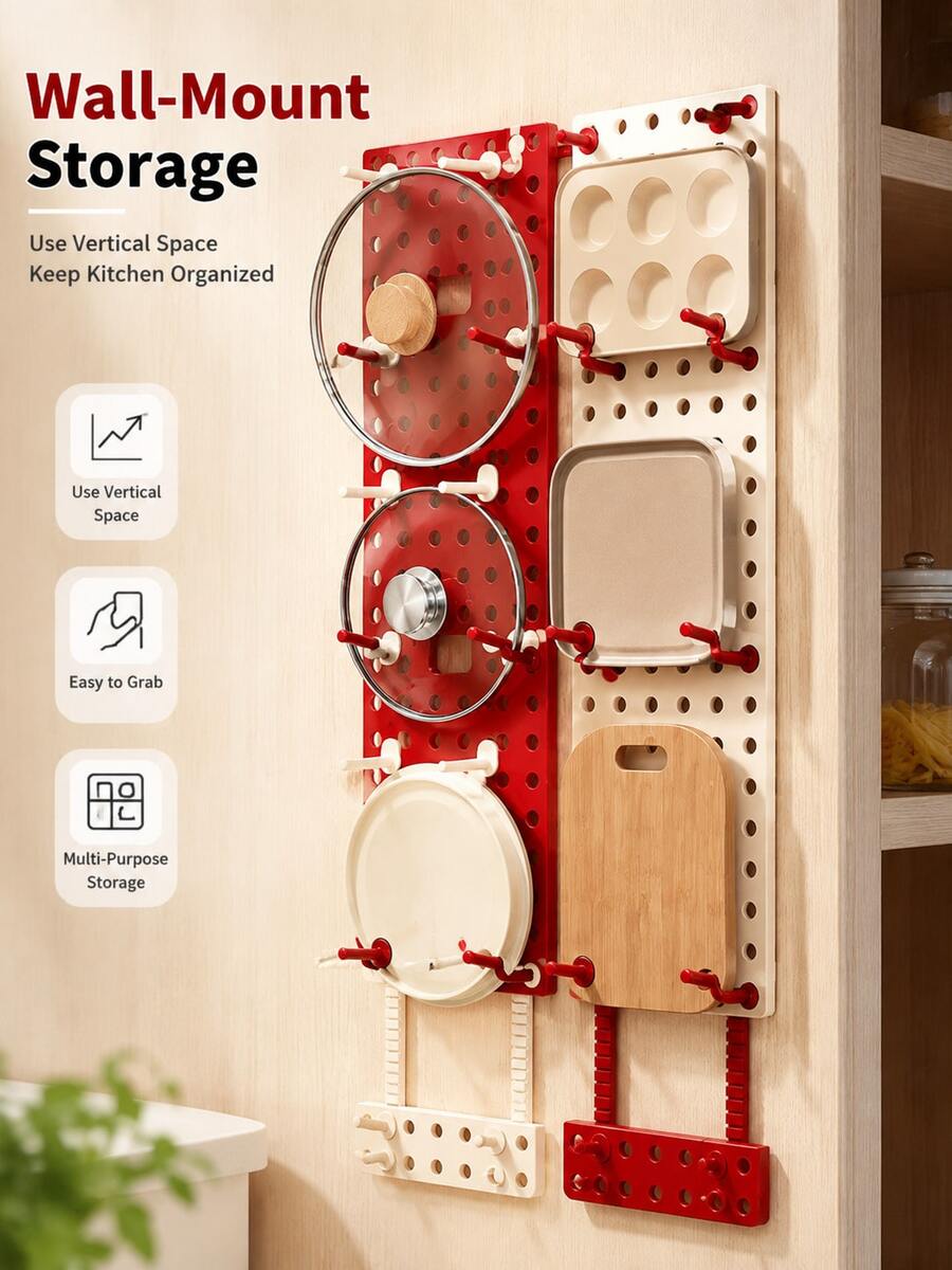 1pc Adjustable Dish Rack, Expandable Plate Bowl Cup Organizer With Removable Pegs, Drainable Kitchen Cabinet Drawer Storage Shelf, Wall-Mounted Multi-Function Organizer For Plates, Lids, Cutting Boards And Cookware - Multicolor - View 1