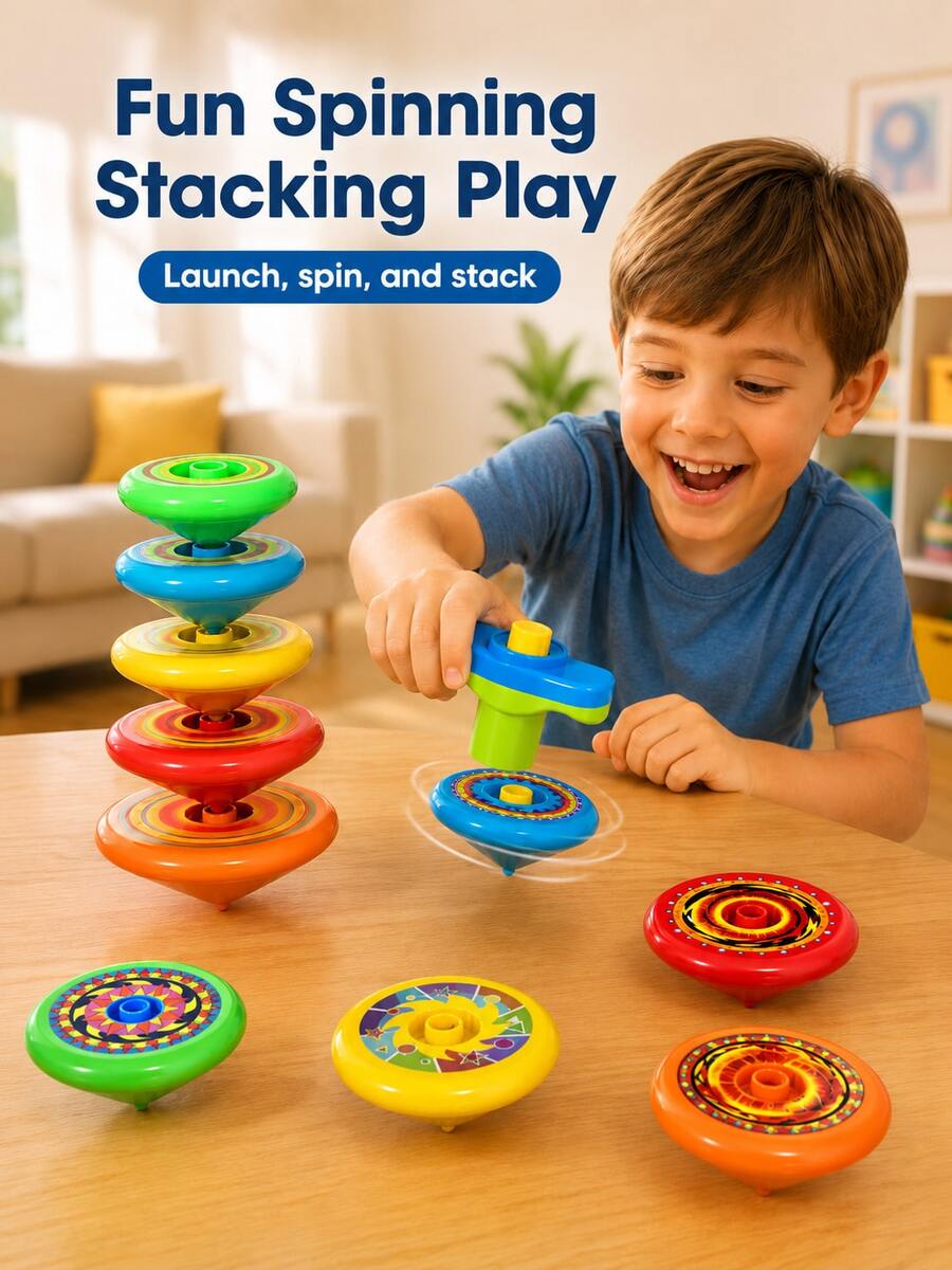 1 Set Mini Spinning Top Toy - Stackable Spinning Tops With 5 Tops And 1 Launcher, Early Education Stress Relief Toy For Kids, Party Game Interactive Supplies, Suitable For Boys And Girls Birthday Gift, Christmas Gift, Classroom Small Gift (Random Style And Color)