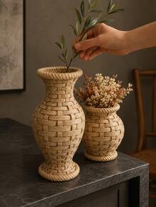 大號竹編花瓶 5.7 與 3.2 英吋鄉村風花瓶，適合居家裝飾，極簡高花瓶，可用於客廳、餐桌、浴室、節日與婚禮 - B - 查看 4