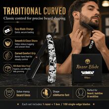 Professional Barber Skull Pattern Shavette Straight Razor Set For Men, Foldable Shaving Razor With Curved & Straight 2 Handle Designs, Quick Change Blade For Precise Beard Hairline Trimming, Comes With 100 Replacement Blades, Salon Grooming Gift Kit - Multi-color - View 9