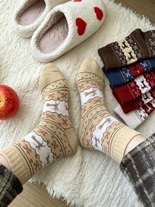 1/3/5/10 Pairs Comfortable Reindeer Print Mid-Calf Socks - Warm Thick Christmas Socks, Women's Style, Festive Animal Pattern, Available In Red, Beige, Brown And Navy Blue, Perfect For Holiday Celebrations - Multicolor - View 3