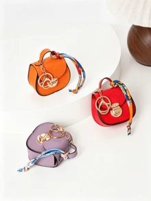 Mini Saddle Keychain Bag, Faux Leather Small Coin Purse With Random Color Scarf Decoration, Gold Lock Hardware, Small Storage Bag, Cute Handbag Charm, Suitable For Daily, Dating, Party Gifts, Multi-Color Mini Shoulder Bag Accessory - Multicolor - View 10