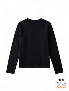 Women's Autumn Long Sleeve T-Shirt, Versatile Black Solid Color Slim Fit Inner Layer Base Top - Black - View 7