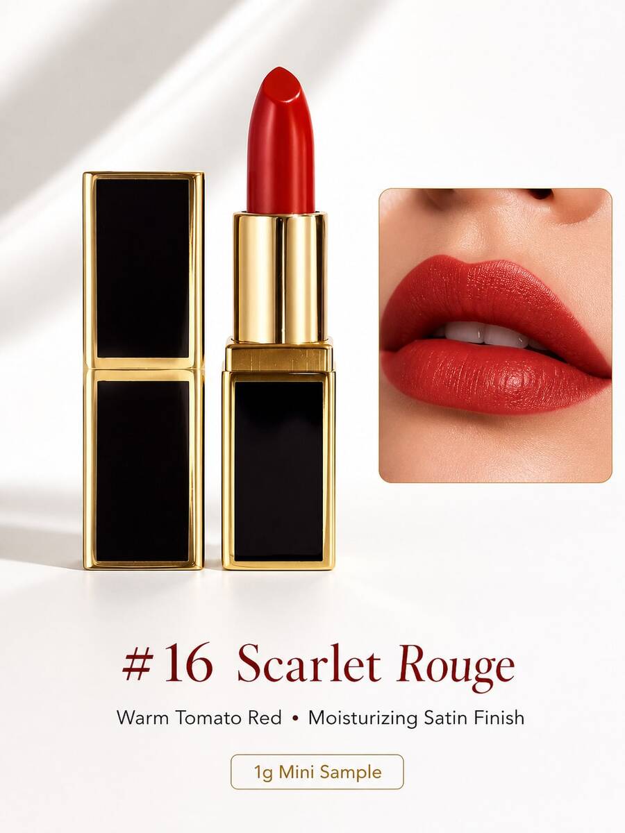 Tom Ford TF Black Tube Rich Lipstick #16 Scarlet Red 1g Creamy Satin Moisturizing Lipstick Sample Size For Daily Commute Color Swatch Portable - #16 1g - View 1