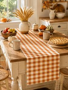1pc Brown Orange & Cream Gingham Plaid Table Runner, Warm Farmhouse Checkered Fall Table Decor, Rectangular Dining Table Runner For Thanksgiving Dinner, Fall Decor, Kitchen Decor, Home Decor, Harvest Party And Family Gathering - Multicolor - View 3