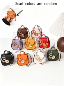 Mini Saddle Keychain Bag, Faux Leather Small Coin Purse With Random Color Scarf Decoration, Gold Lock Hardware, Small Storage Bag, Cute Handbag Charm, Suitable For Daily, Dating, Party Gifts, Multi-Color Mini Shoulder Bag Accessory - Multicolor - View 8
