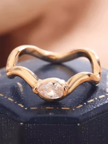 1pc Classic 14K Gold Plated Wave Twisted Arm Water Drop Pear Shaped Couple Ring, Geometric Banquet Decor Proposal Gift Jewelry - Yellow - View 3