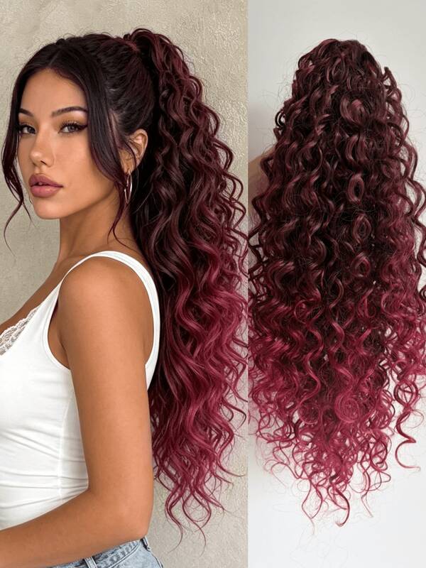Ekstensi Rambut Ekor Kuda Jepit Ombre Merah Gelombang Dalam 26 Inci - Serat Sintetis Tahan Panas, Aksesori Rambut Wanita untuk Penataan Rambut Keriting Alami, Cocok untuk Penggunaan Sehari-hari, Aksesori Penataan Gaya Rambut Harian, Wig Serat Tahan Panas Keriting Bervolume