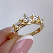 1pc Creative 14K Gold Plated Asymmetric Diamond Wave Couple Ring, V-Shaped Geometric Luxury Multi-Stone Zirconia Finger Ring, Niche Design Women's Accessory Gift Jewelry - Yellow - View 7