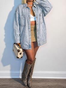 Boho Chic Women's Denim Jacket, Long Sleeve, Button Front, And Pockets, In A Midi Length With A Classic Collar, Non-Stretch. - Blue - View 1