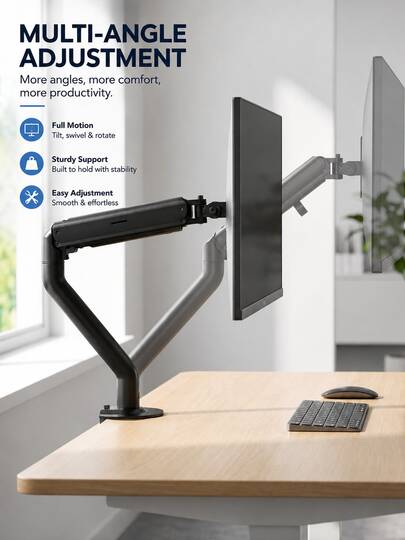 Brazo de monitor ajustable VESA 75/100mm, soporta inclinación de 180° y rotación de 360°, hecho de acero resistente, tecnología de resorte de gas, con gestión de cables, soporte de pinza de escritorio de un solo brazo, adecuado para oficina en casa, accesorios de escritorio de oficina