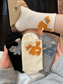 3 Pairs Random Cute Cat, Egg And Bell Pattern Fun Socks, Suitable For Autumn/Winter, Christmas, Back To School, Perfect As Gifts, Unisex Mid-Calf Socks - Multicolor - View 2