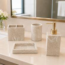 Bathroom Accessories Set, Bathroom Accessories Set, Toothbrush Holder, Soap Dispenser, Mouthwash Cup, Soap Dish, Modern Bathroom Countertop Kitchen Sink Storage Organizer - Apricot - View 4