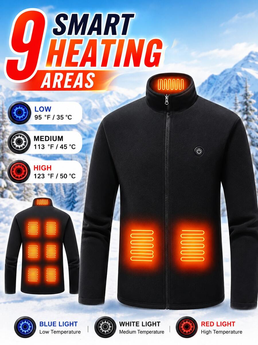 Men's Casual Solid-Color Long-Sleeve Heated Jacket With 9 Heating Zones, Featuring Zippered Pockets And A Thermal Lining (Power Bank Not Included). - Black - View 1