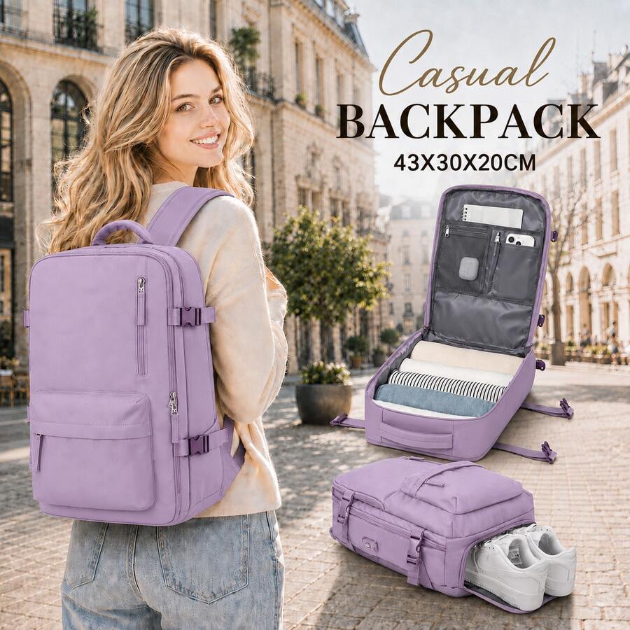 Large‑Capacity 43*30*20cm Waterproof Backpack With Shoe Pocket, Dry‑Wet Separation, Laptop Sleeve And USB Port. Available In Five Tones. Sleek‑Styled - Purple - View 1