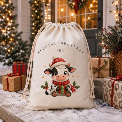 Creative Cute Christmas Calf Pattern Gift Bag, Drawstring Design Gift Packaging Bag, Playful Healing Holiday Gift Bag, Suitable For Christmas, Birthday Party, Wedding Anniversary, Holiday Gifting, Theme Party Souvenirs And Other Diverse Occasions, Breaking Traditional Packaging Style, Soft Texture And Appearance, Creating A Memorable Gifting Experience