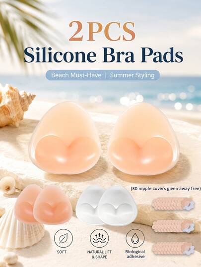 2pcs/Pack Minimalist Triangle Invisible Bra Pads (Includes 30pcs Breast Stickers), With Lifting And Shaping Effect, Designed For Tight Clothing, One-Piece Molded, Soft Shape, Specifically For Off-Shoulder Bra. Triangle Silicone Breast Pads, Women's Convex Self-Adhesive Bra Pads. Thickened Silicone Padding For Swimwear, Suitable For Bikini Wear.