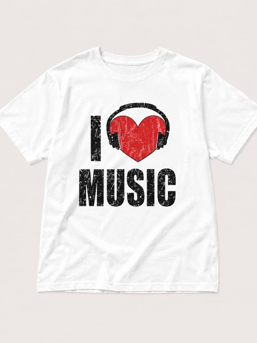 Graphic Tees Teen,Baby Tees, With I Love Music And Headphone Heart Printed Short T-Shirt, Perfect For Boy & Girl, Breathable Fabric, Y2k Style. - 白色 - 查看 1