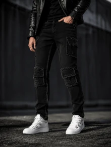 Ins Motorcycle Blogger Style Distressed Black Ripped Raw Hem Cargo Jeans With Multiple 3D Pockets Deconstructed Design Slim Fit Flattering Riding Denim Pants For Men - Black - View 1
