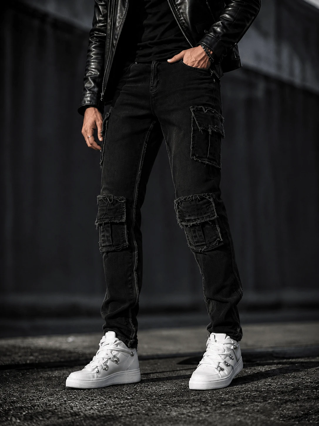 Ins Motorcycle Blogger Style Distressed Black Ripped Raw Hem Cargo Jeans With Multiple 3D Pockets Deconstructed Design Slim Fit Flattering Riding Denim Pants For Men - Black - View 1