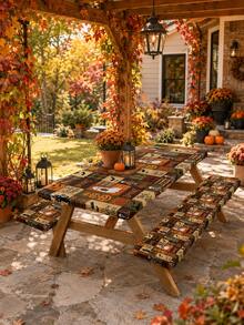 1/3pcs-Stretch Fitted Halloween Picnic Table & Bench Cover Set, Vintage Plaid Patchwork Tablecloth With Ghost Pumpkin Bat Skeleton Print, Spooky Trick Or Treat Decor, Rectangular Elastic Table Cover For Backyard, Outdoor Halloween Party Decor - Multicolor - View 2