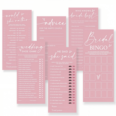 36 pezzi, Set di carte per giochi da addio al nubilato in stile minimalista rosa polvere, Preferirebbe, Gioco delle scarpe da sposa, Lui ha detto Lei ha detto, Bingo da sposa, Carte di consigli per gli sposi, Carte di gioco interattive in carta per addio al nubilato