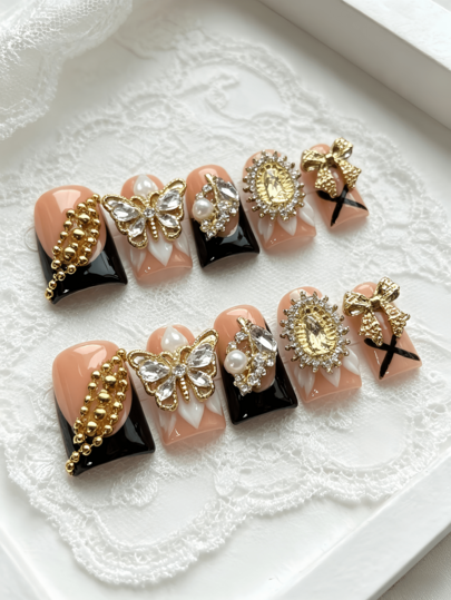 10pcs Short Duck-Shaped French Fingertip Luxury Butterfly Rhinestone 3D Flower Reusable Acrylic Press-On Nails For Hands, Vacation, Vacation Outfits, Graduation, Suitable For Girls, Holiday, Wedding, Party