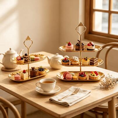 1pc Luxury Double-Layer Stainless Steel Tray, Oval Dessert Stand With Decorative Handles, Fruit Plate, Dessert Plate, Dessert Stand, Cake Stand, Oval Bread Plate, Cake Tower, Party Cupcake Display Tower, Dessert Display Stand, Suitable For Birthday, Tea Party, Cupcake Cookies, Wedding, Party, Birthday Celebration, Home Decor, Holiday Party, Elegant Centerpiece And Gift
