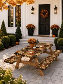 1/3pcs-Stretch Fitted Halloween Picnic Table & Bench Cover Set, Vintage Plaid Patchwork Tablecloth With Ghost Pumpkin Bat Skeleton Print, Spooky Trick Or Treat Decor, Rectangular Elastic Table Cover For Backyard, Outdoor Halloween Party Decor - Multicolor - View 8