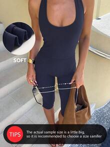 VIVINA Women's Solid Color Minimalist Casual Sports Square Neck Halter Backless Slim Fit Jumpsuit, Fall Outfits, Sport, Versatile Autumn/Winter Jumpsuit, Navy Blue Jumpsuit - Navy Blue - View 1