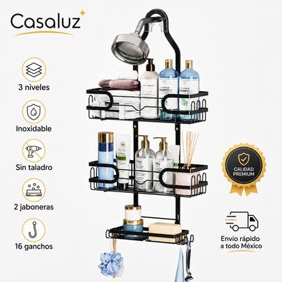 Organizador de ducha colgante de 3 niveles versión reforzada, doble jabonera, 16 ganchos para esponjas y maquinillas de afeitar, instalación sin taladrar, color negro
