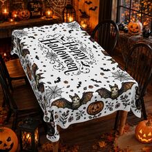 1pc,Vintage Halloween Tablecloth, Black White Pumpkin Bat Cat Print Polyester Table Cover, Elegant Halloween Dining Table Decor For Kitchen, Party, Family Gathering And Holiday Home Decoration - C - View 8