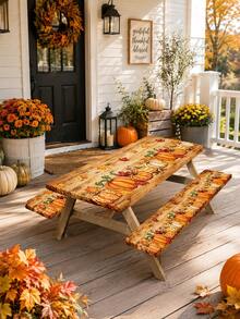 1/3pcs-Fall Stretch Fitted Picnic Table Cover And Bench Coverset, Rustic Wood Grain Pumpkin Maple Leaf Print SRectangular Tablecloth, Harvest Thanksgiving Decor For Patio Backyard Outdoor Autumn Dinner Party - Multicolor - View 7