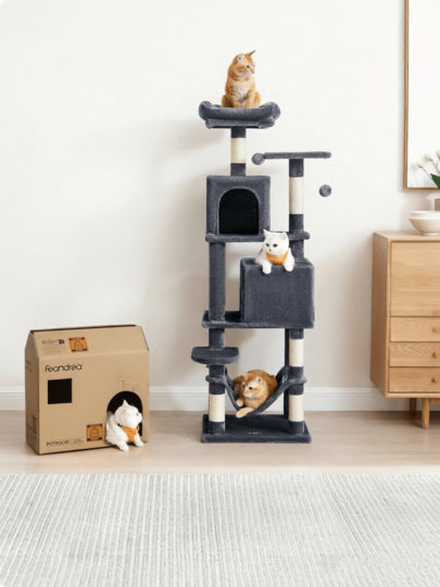 Multi‑Level Cat Tree, With Two Cat Houses, A Hammock And A Hanging Basket. Multiple Sisal Scratching Posts For Claw Sharpening, A Top Viewing Platform, And An Interactive Pom‑Pom Cat Toy. Suitable For Multiple Cats.