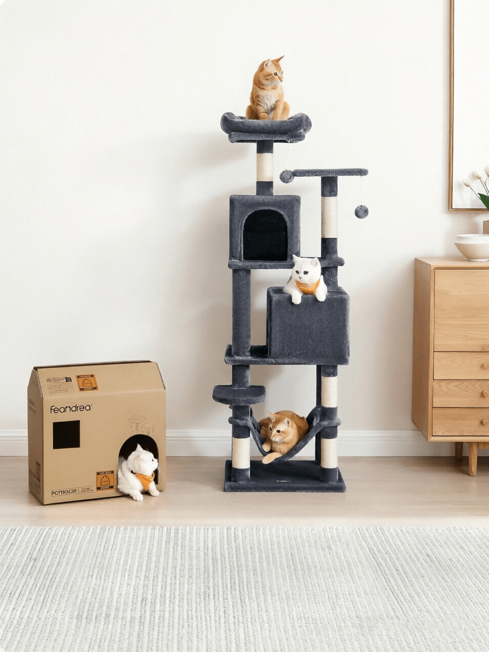 Multi‑Level Cat Tree, With Two Cat Houses, A Hammock And A Hanging Basket. Multiple Sisal Scratching Posts For Claw Sharpening, A Top Viewing Platform, And An Interactive Pom‑Pom Cat Toy. Suitable For Multiple Cats.