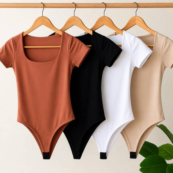 Kit 4 Peças Body Feminino Gola Quadrda Casual Elegante Conjunto Versátil para Looks Sofisticados