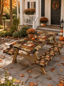 1/3pcs-Stretch Fitted Halloween Picnic Table & Bench Cover Set, Vintage Plaid Patchwork Tablecloth With Ghost Pumpkin Bat Skeleton Print, Spooky Trick Or Treat Decor, Rectangular Elastic Table Cover For Backyard, Outdoor Halloween Party Decor - Multicolor - View 3