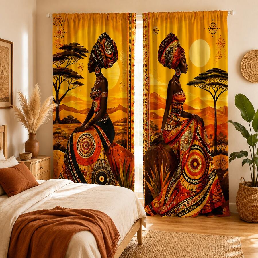 2pcs High Definition Digital Bohemian African Exotic Print Decorative Curtains, Women Silhouette Totem Pattern Design, Polyester Material, Rod Pocket Design, Easy To Hang, Semi-Transparent Privacy Protection, Machine Washable And Hand Washable, Vintage Bohemian Living Room Bedroom Curtains, Suitable For Bedroom, Living Room, Kitchen, Closet, Study, Home Decor. - Multicolor - View 1