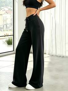 1pc Women's Solid Color Straight Leg Pants, With Drawstring And Elastic Waist Design, Suitable For Indoor/Outdoor Sports, Fitness And Daily Casual Wear - Black - View 6