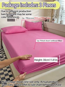 Rose Red Solid Color Skin-Friendly Brushed Bed Sheet Set (1*Bed Sheet + 2*Pillowcases), Suitable For Bedroom And Guest Room, All Season Use, Machine Washable, Dark Green/Blue/Dark Brown/Burgundy/Pale Yellow/Coffee Brown/Light Gray Purple/White - Rose Red - View 1