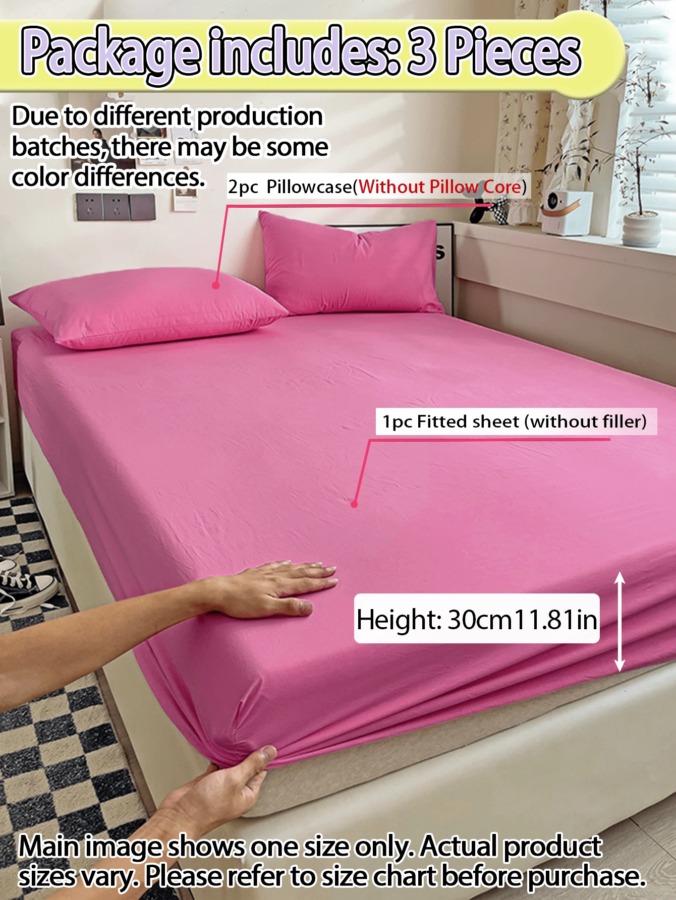 Rose Red Solid Color Skin-Friendly Brushed Bed Sheet Set (1*Bed Sheet + 2*Pillowcases), Suitable For Bedroom And Guest Room, All Season Use, Machine Washable, Dark Green/Blue/Dark Brown/Burgundy/Pale Yellow/Coffee Brown/Light Gray Purple/White - Rose Red - View 1