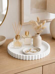 1 pieza Bandeja de tocador redonda con borde ondulado color crema blanco, caja de almacenamiento elegante para joyas, fragancias y velas, decoración moderna para escritorio del hogar, encimera de baño y exhibición de fragancias del hogar, organizador de cajones, decoración de habitación, almacenamiento de joyas, estante de joyas, regalo - Multicolor - Ver 6