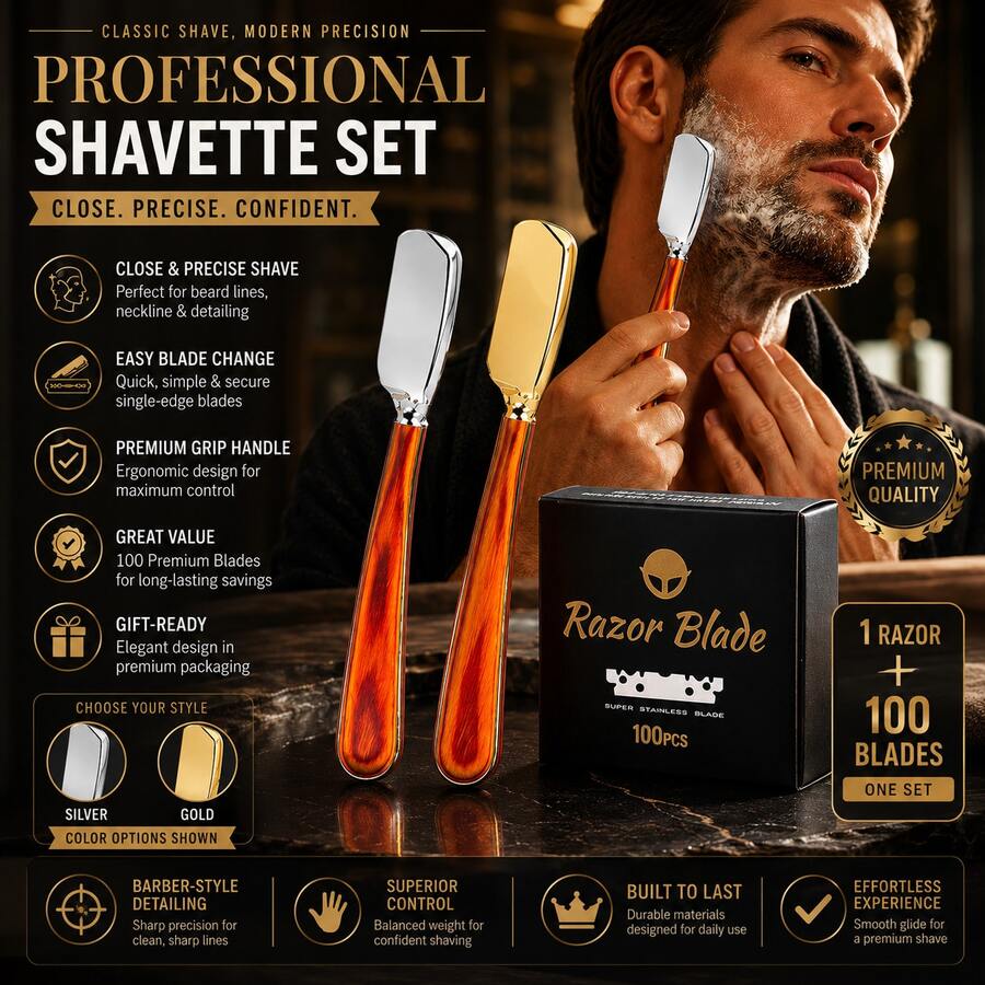Professional Wooden Handle Foldable Shavette Razor Kit For Men, Ergonomic Balanced Grip Straight Shaving Razor, Easy Quick Blade Replacement, 1 Razor With 100 Premium Stainless Single Edge Blades, Precise Beard Neckline Edging Tool For Barbershop & H - Multi-color - View 1